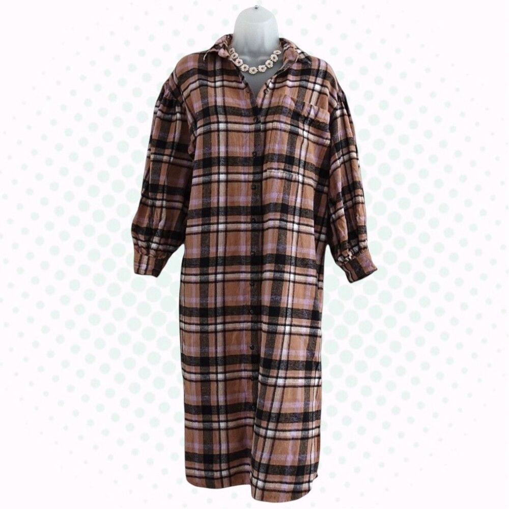 ASOS Design Tan & Pink Plaid Tartan Flannel Shirt Oversized Maxi Dress Size 4